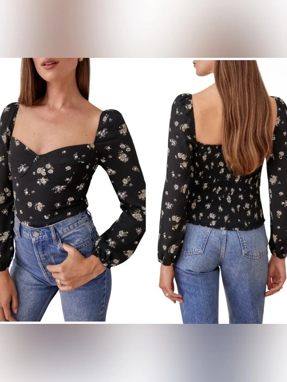 Reformation Black Floral Square-Neck Puff-Sleeve Top